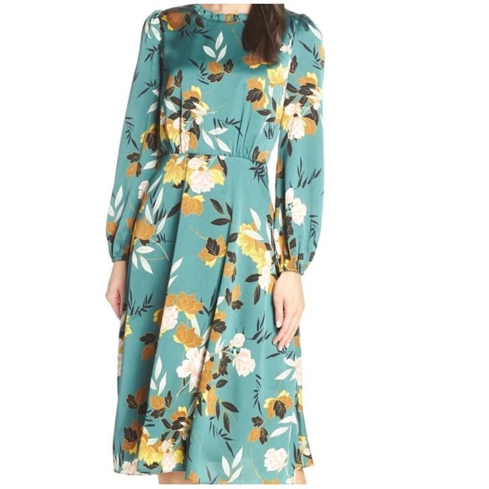 Chelsea28 Long Sleeve Floral Print Dress Teal size Small